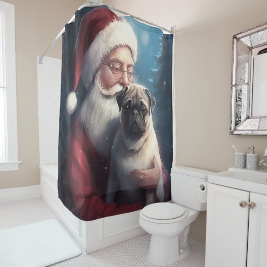 Mops mit Weihnachtsmann Weihnachten Duschvorhang (Beispiel)