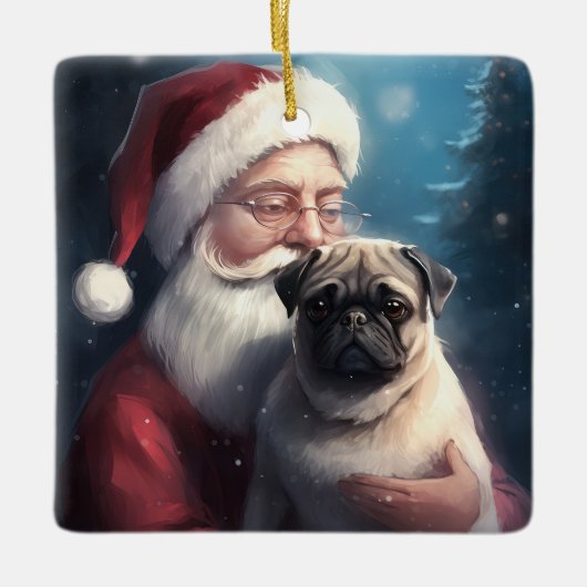 Mops mit Weihnachtsmann Weihnachten Keramikornament (Vorderseite)