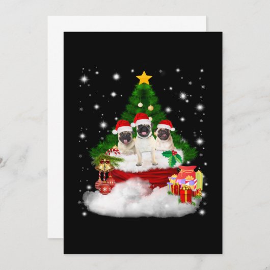 Mops Mops mit Freunden fröhlich von Weihnachtsbaum Einladung (Vorne/Hinten)