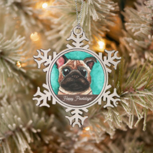 Mops Niedlich Wasserfarbe, Haustiere, Schneeflocke Schneeflocken Zinn-Ornament