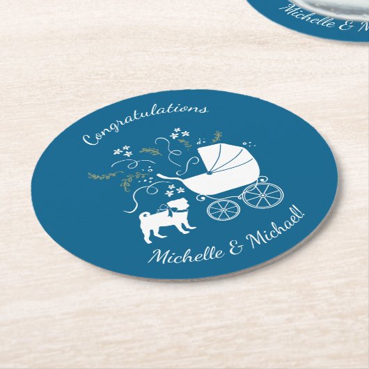 Mops Party Blue Theme Celebration Runder Pappuntersetzer (Angewinkelt)