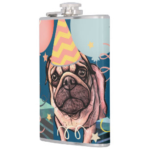 Mops-Party-Feier-Balloons-Hund-Foto-Konfetti Flachmann