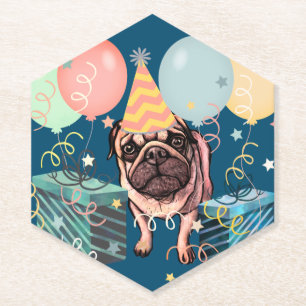 Mops-Party-Feier-Balloons-Hund-Foto-Konfetti Untersetzer
