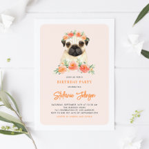 Mops Peach Floral Geburtstag Einladung