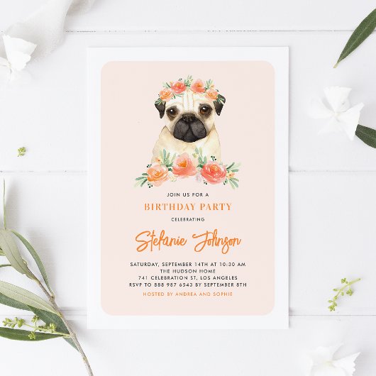 Mops Peach Floral Geburtstag Einladung