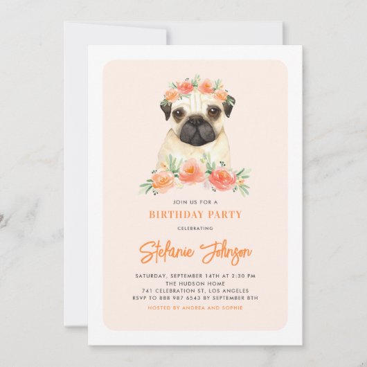 Mops Peach Floral Geburtstag Einladung (Vorderseite)
