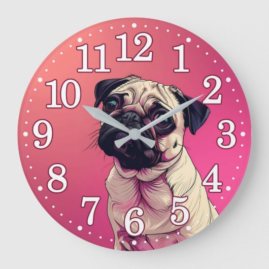 Mops Portrait Face Pink Ombre Große Wanduhr (Vorderseite)