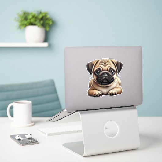 Mops Puppy Aufkleber (Laptop auf Schreibtisch)