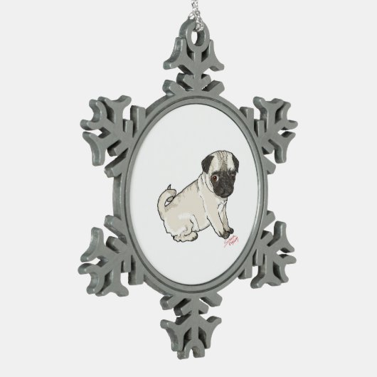 Mops Puppy Schneeflocken Zinn-Ornament (Links)