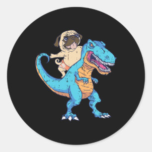 Mops reitet T-Rex surft Dinosaurier Lustiger Hunde Runder Aufkleber