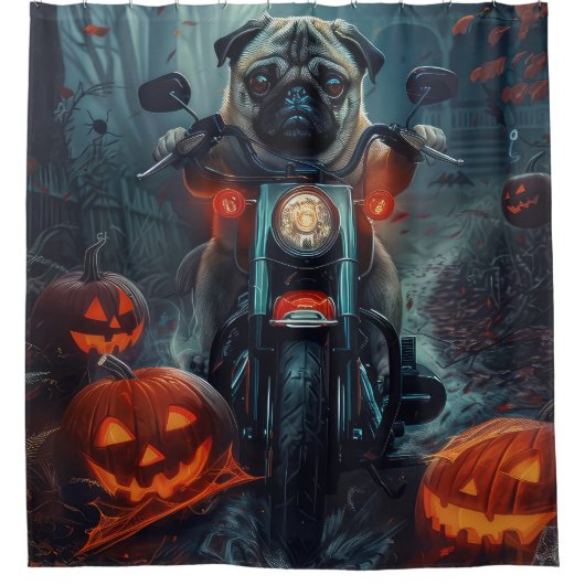 Mops Riding Motorrad Halloween Beängstigend Duschvorhang (Vorderseite)