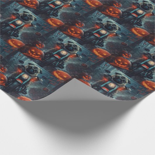 Mops Riding Motorrad Halloween Beängstigend Geschenkpapier (Ecke)