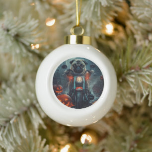 Mops Riding Motorrad Halloween Beängstigend Keramik Kugel-Ornament