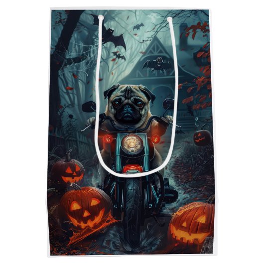 Mops Riding Motorrad Halloween Beängstigend Mittlere Geschenktüte (Rückseite)