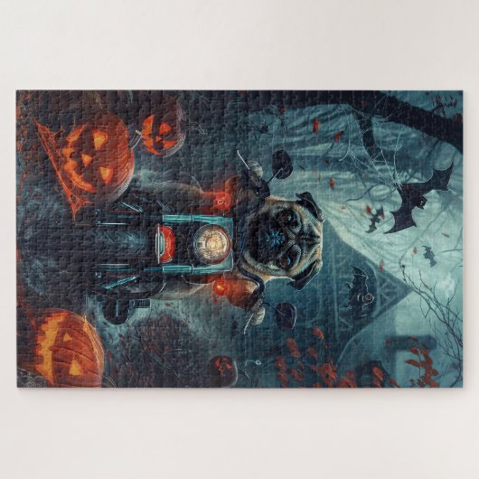 Mops Riding Motorrad Halloween Beängstigend Puzzle (Horizontal)