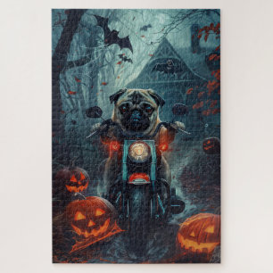 Mops Riding Motorrad Halloween Beängstigend Puzzle