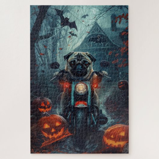 Mops Riding Motorrad Halloween Beängstigend Puzzle (Vertikal)