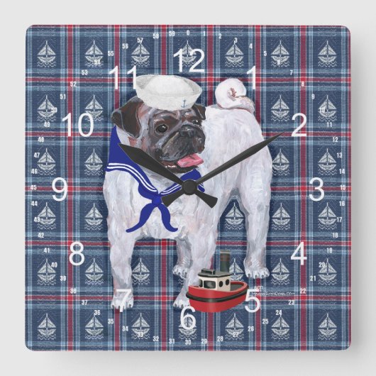 Mops Sailor Quadratische Wanduhr (Vorderseite)