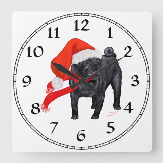 Mops Santa's Helper Quadratische Wanduhr (Vorderseite)