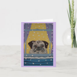 Mops schaut dem Schneefall zu Einladung