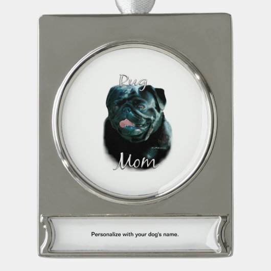 Mops (schwarz) Mama 2 Banner-Ornament Silber (Vorderseite)