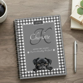 Mops Schwarz-weiß Gingham Individuelle Name Monogr Planer
