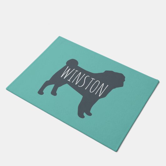 Mops Silhouette | Grau und Aquamarin Personalisier Fußmatte (Schrägansicht)