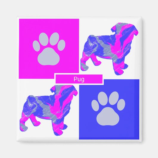 Mops Silhouette Hund & Paw Pink und Blue Square Magnet (Vorne)