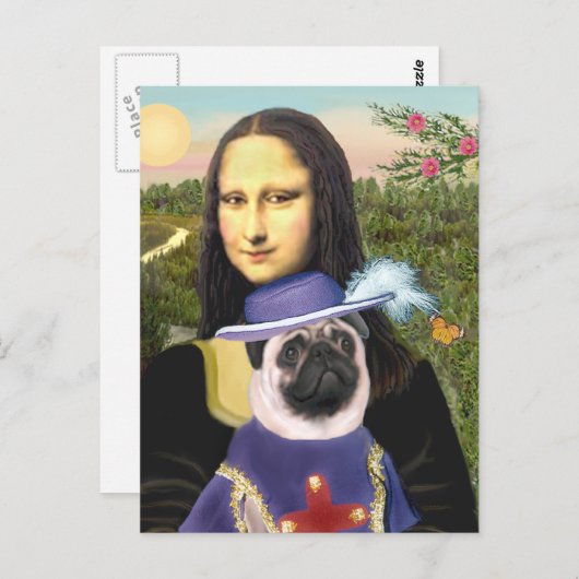 Mops (Sir) - Mona Lisa Postkarte (Vorne/Hinten)