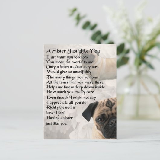 Mops Sister Geem Postkarte (Stehend Vorderseite)