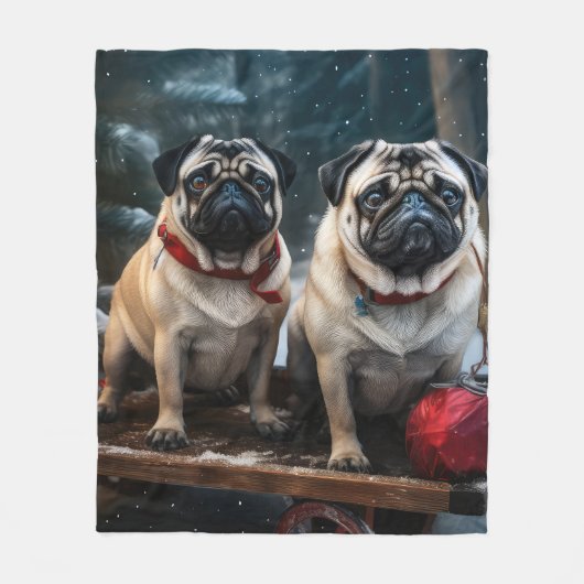 Mops Snowy Sleigh Weihnachtsdekor Fleecedecke (Vorderseite)