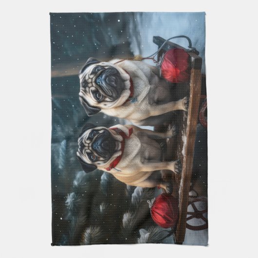 Mops Snowy Sleigh Weihnachtsdekor Geschirrtuch (Vertikal)
