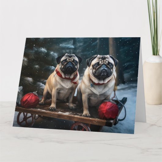 Mops Snowy Sleigh Weihnachtsdekor Karte (Vorderseite)