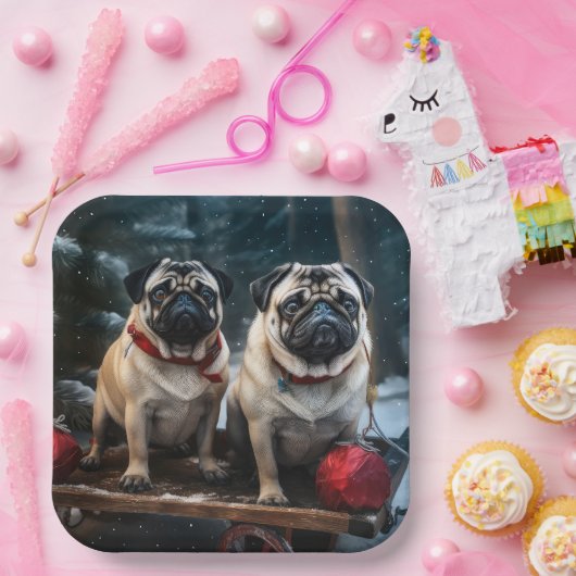 Mops Snowy Sleigh Weihnachtsdekor Pappteller (Party)