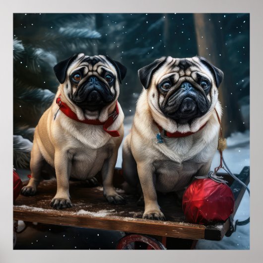 Mops Snowy Sleigh Weihnachtsdekor Poster (Vorne)