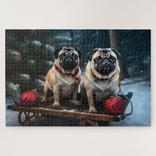 Mops Snowy Sleigh Weihnachtsdekor Puzzle (Horizontal)