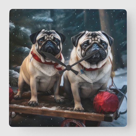 Mops Snowy Sleigh Weihnachtsdekor Quadratische Wanduhr (Vorderseite)