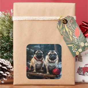 Mops Snowy Sleigh Weihnachtsdekor Quadratischer Aufkleber