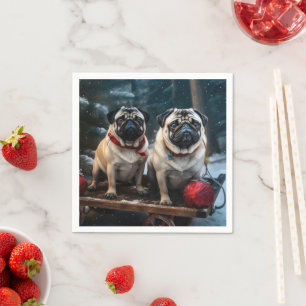 Mops Snowy Sleigh Weihnachtsdekor Serviette