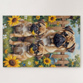 Mops Sonnenblumen-Gartenkunst Puzzle (Horizontal)