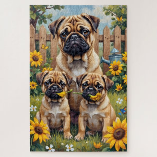 Mops Sonnenblumen-Gartenkunst Puzzle
