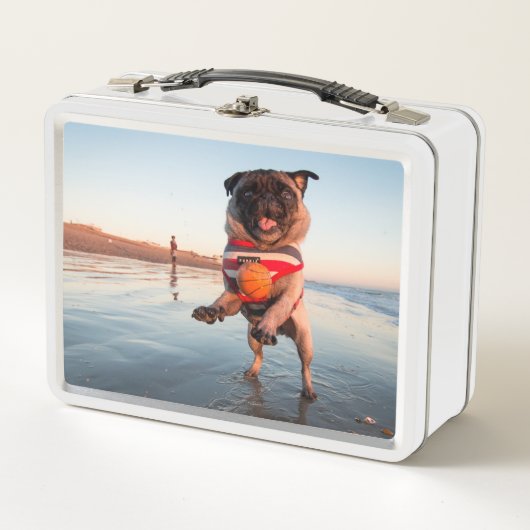 Mops spielen am Strand Metall Brotdose (Vorderseite)