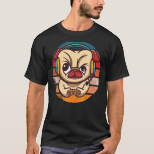Mops-Spieler auf Retro-Sonnenuntergang Süßes Gamin T-Shirt