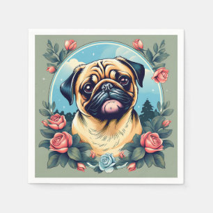 Mops spielerisches Hundportrait mit Blume Serviette