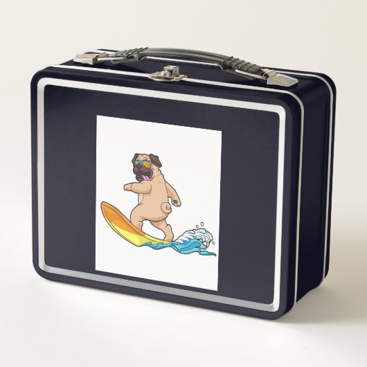 Mops Surfbrett Mops mit Brille tragen Metall Brotdose (Vorderseite)