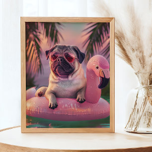 Mops Swimming Cocktail Sommerportrait Poster