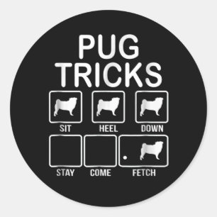 Mops Tricks setzen, abheben, Bleibe, kommen, holen Runder Aufkleber