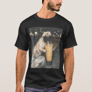 Mops trinkt eisgekühlten Kaffee lustiges Tier Meme T-Shirt