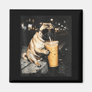 Mops trinkt Eiskaffee cooler Hund Brille lustig Magnet