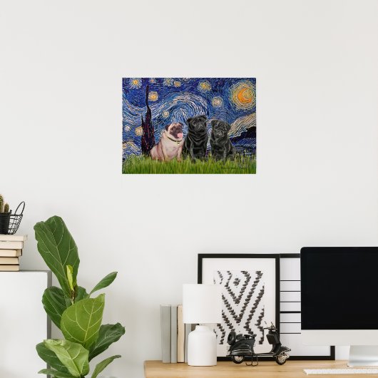 Mops Trio (1F,2B) - Starry Night Poster (Heimbüro)